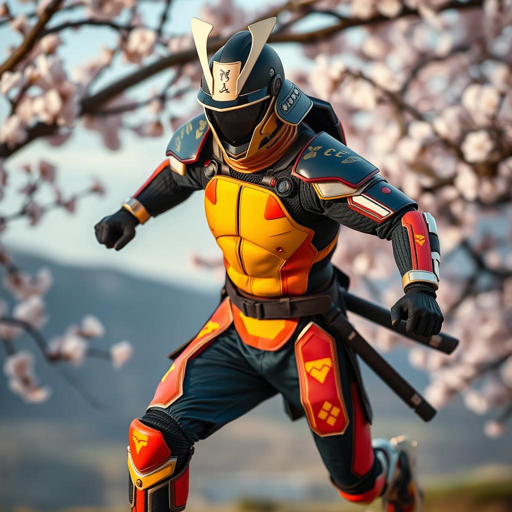 A sleek and lightweight samurai suit designed for agility and speed, featuring a modern touch with vibrant colors and dynamic patterns