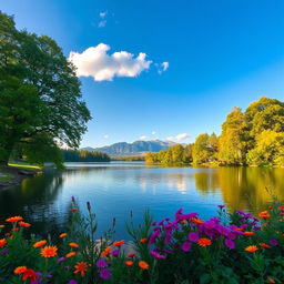 A serene landscape of a quiet lake surrounded by lush green trees and colorful blooming flowers