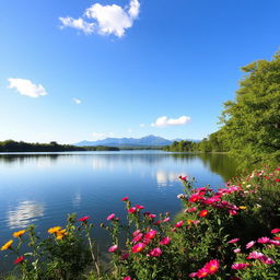 A serene landscape of a quiet lake surrounded by lush green trees and colorful blooming flowers