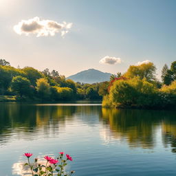 A serene landscape of a quiet lake surrounded by lush green trees and colorful blooming flowers