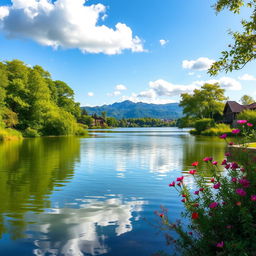A serene landscape of a quiet lake surrounded by lush green trees and colorful blooming flowers