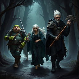 An epic fantasy illustration of a traveling party in a dark fantasy style painting