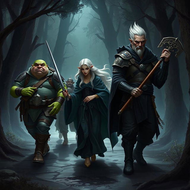 An epic fantasy illustration of a traveling party in a dark fantasy style painting