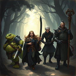 An epic fantasy illustration of a traveling party in a dark fantasy style painting