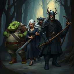 An epic fantasy illustration of a traveling party in a dark fantasy style painting