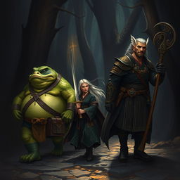 An epic fantasy illustration of a traveling party in a dark fantasy style painting