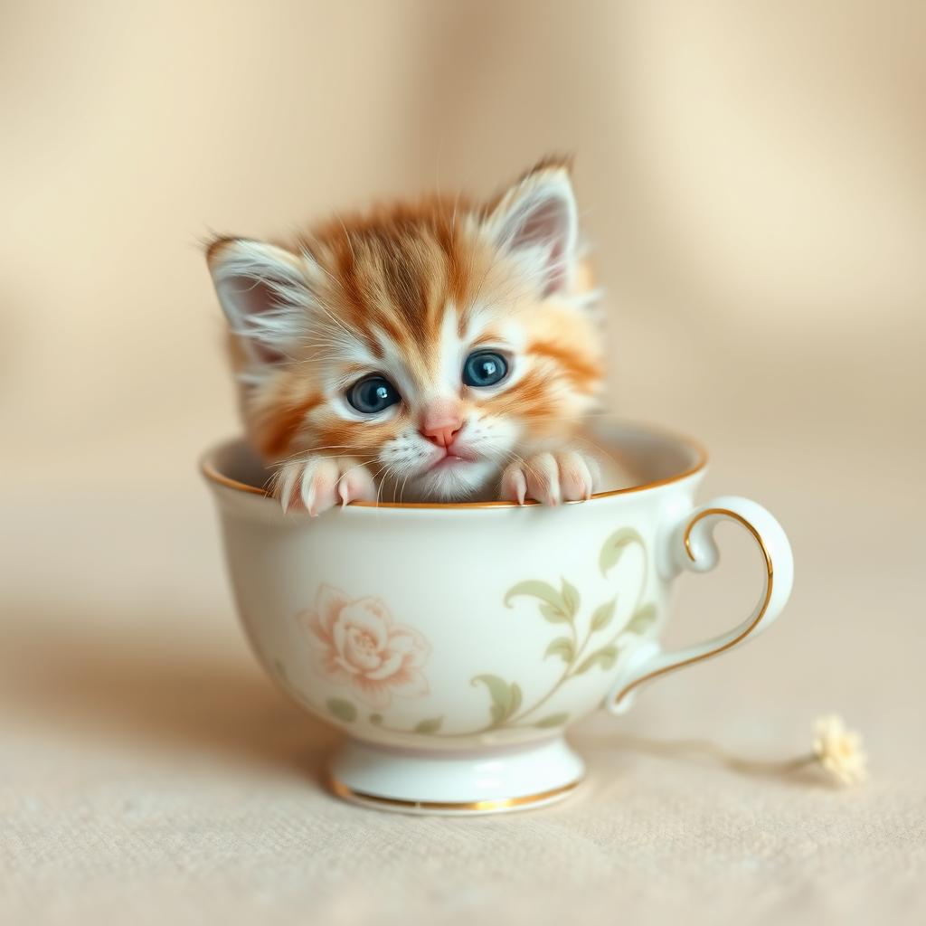 A charming and adorable photograph of a cute kitten nestled comfortably inside a delicate teacup