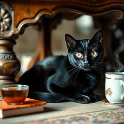 A sleek black cat sitting gracefully under a rustic wooden table