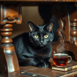 A sleek black cat sitting gracefully under a rustic wooden table