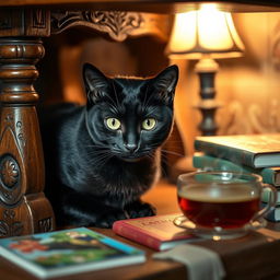 A sleek black cat sitting gracefully under a rustic wooden table