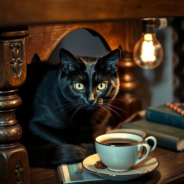 A sleek black cat sitting gracefully under a rustic wooden table