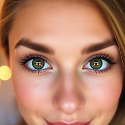 A close-up portrait of a person with beautifully symmetrical and equal-sized eyes, showcasing captivating irises with vibrant colors