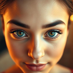 A close-up portrait of a person with beautifully symmetrical and equal-sized eyes, showcasing captivating irises with vibrant colors