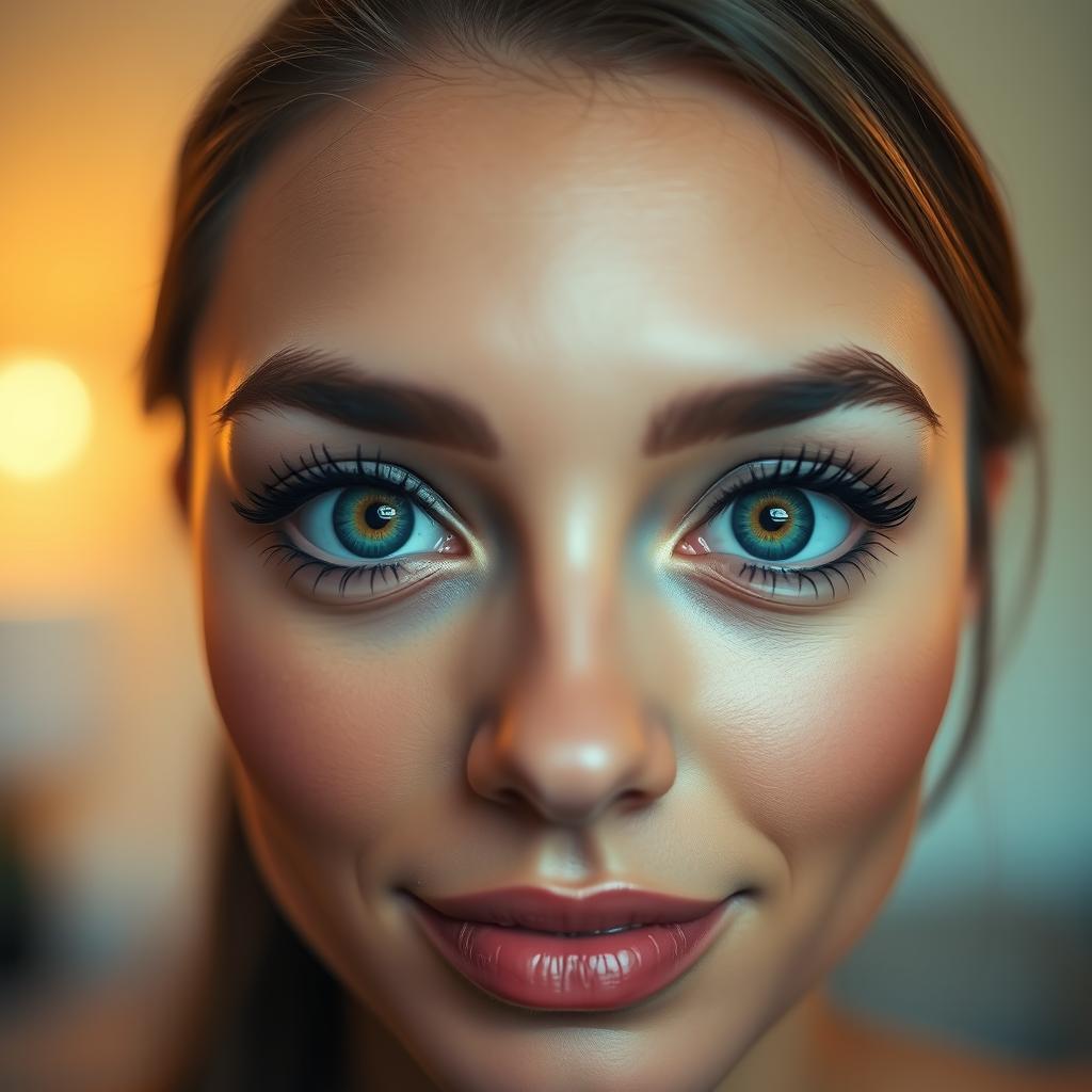 A close-up portrait of a person with beautifully symmetrical and equal-sized eyes, showcasing captivating irises with vibrant colors