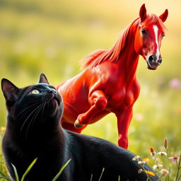 A vibrant red horse playfully positioned on top of a sleek black cat