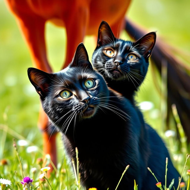 A vibrant red horse playfully positioned on top of a sleek black cat