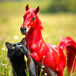 A vibrant red horse playfully positioned on top of a sleek black cat