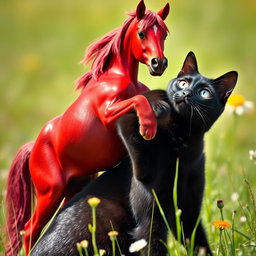 A vibrant red horse playfully positioned on top of a sleek black cat