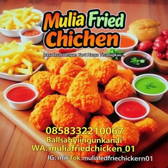 A colorful and visually appealing menu poster for 'Mulia Fried Chicken'