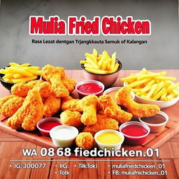 A colorful and visually appealing menu poster for 'Mulia Fried Chicken'