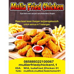 A colorful and visually appealing menu poster for 'Mulia Fried Chicken'