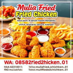 A colorful and visually appealing menu poster for 'Mulia Fried Chicken'
