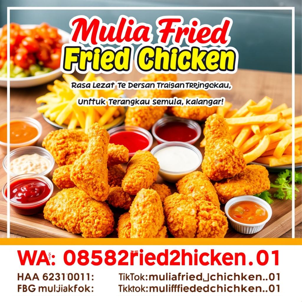 A colorful and visually appealing menu poster for 'Mulia Fried Chicken'