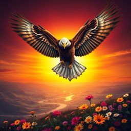 A powerful and dynamic symbol of independence, featuring a soaring eagle with its wings spread wide against a vibrant sunset background