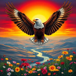 A powerful and dynamic symbol of independence, featuring a soaring eagle with its wings spread wide against a vibrant sunset background