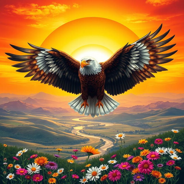 A powerful and dynamic symbol of independence, featuring a soaring eagle with its wings spread wide against a vibrant sunset background