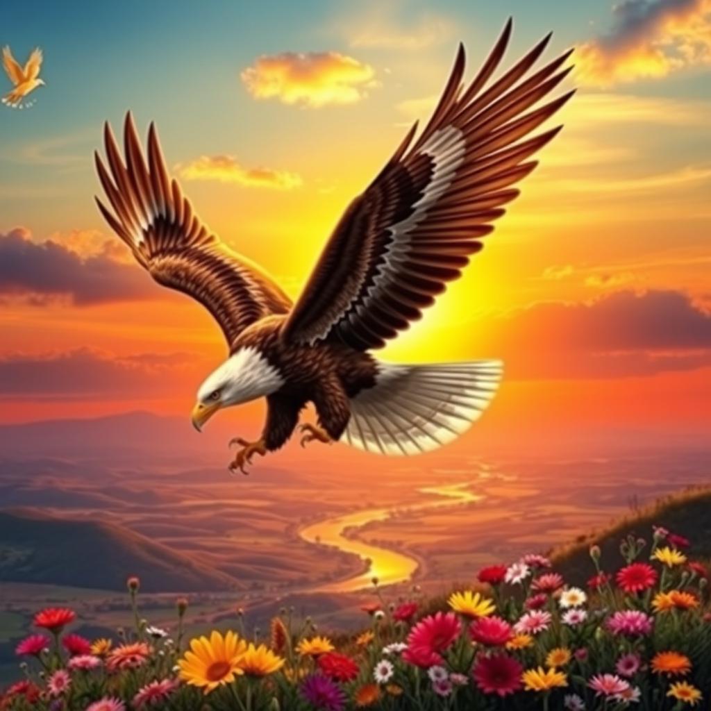 A powerful and dynamic symbol of independence, featuring a soaring eagle with its wings spread wide against a vibrant sunset background
