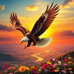 A powerful and dynamic symbol of independence, featuring a soaring eagle with its wings spread wide against a vibrant sunset background