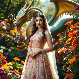 A stunning Persian bride, adorned in a beautiful traditional gown with intricate floral embroidery, standing gracefully in a lush garden filled with exotic blooms