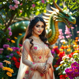 A stunning Persian bride, adorned in a beautiful traditional gown with intricate floral embroidery, standing gracefully in a lush garden filled with exotic blooms