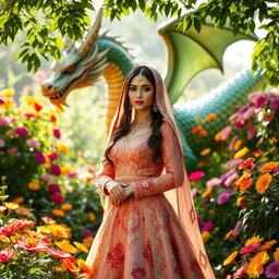 A stunning Persian bride, adorned in a beautiful traditional gown with intricate floral embroidery, standing gracefully in a lush garden filled with exotic blooms