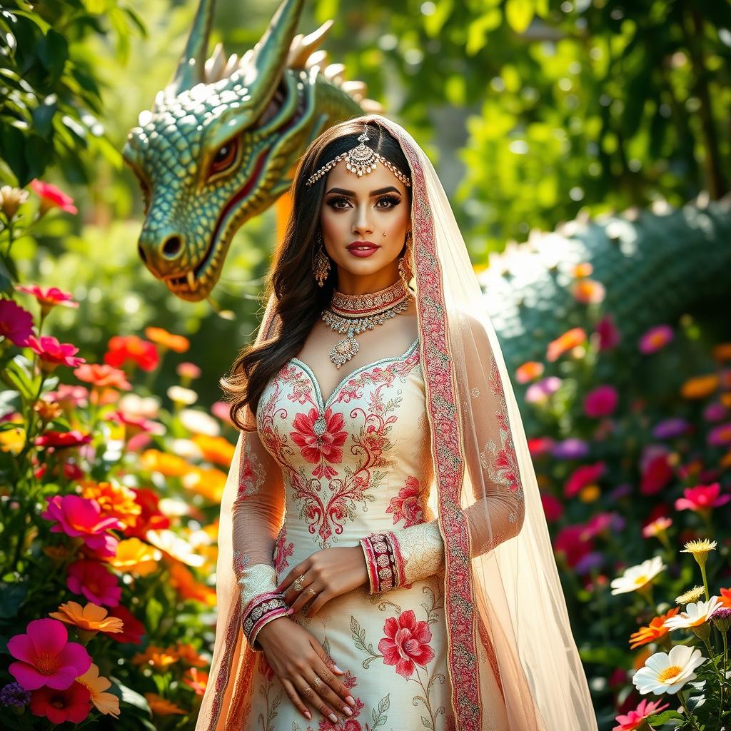 A stunning Persian bride, adorned in a beautiful traditional gown with intricate floral embroidery, standing gracefully in a lush garden filled with exotic blooms