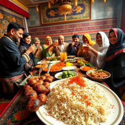 A vibrant and festive scene depicting an Iranian celebration featuring a beautifully plated dish of white rice topped with aromatic saffron, alongside succulent Iranian kabab arranged artistically