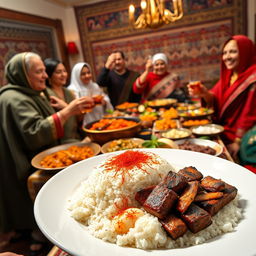A vibrant and festive scene depicting an Iranian celebration featuring a beautifully plated dish of white rice topped with aromatic saffron, alongside succulent Iranian kabab arranged artistically