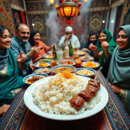 A vibrant and festive scene depicting an Iranian celebration featuring a beautifully plated dish of white rice topped with aromatic saffron, alongside succulent Iranian kabab arranged artistically