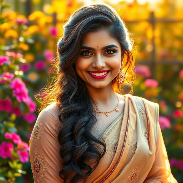 A stunning portrait of Rashmika Mandanna, showcasing her beautiful smile and expressive eyes