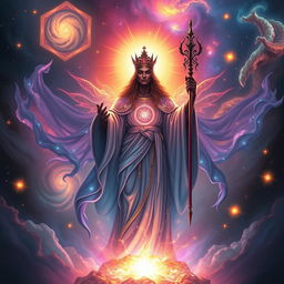 A majestic representation of a divine being, embodying qualities of power and wisdom, surrounded by cosmic elements like stars and galaxies