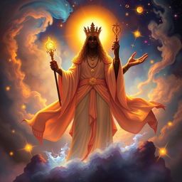 A majestic representation of a divine being, embodying qualities of power and wisdom, surrounded by cosmic elements like stars and galaxies