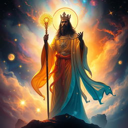 A majestic representation of a divine being, embodying qualities of power and wisdom, surrounded by cosmic elements like stars and galaxies