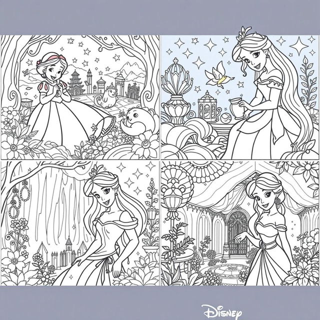 A series of intricate cartoon-style coloring pages featuring Disney princesses in various scenes