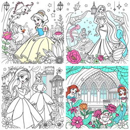 A series of intricate cartoon-style coloring pages featuring Disney princesses in various scenes