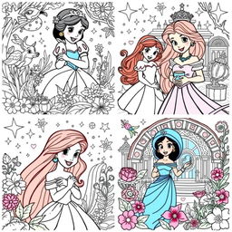 A series of intricate cartoon-style coloring pages featuring Disney princesses in various scenes