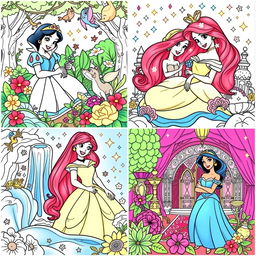 A series of intricate cartoon-style coloring pages featuring Disney princesses in various scenes