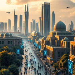 A futuristic cityscape of Kashan in the year 2050, featuring a blend of traditional Persian architecture with modern technology