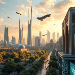 A futuristic cityscape of Kashan in the year 2050, featuring a blend of traditional Persian architecture with modern technology