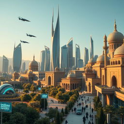 A futuristic cityscape of Kashan in the year 2050, featuring a blend of traditional Persian architecture with modern technology